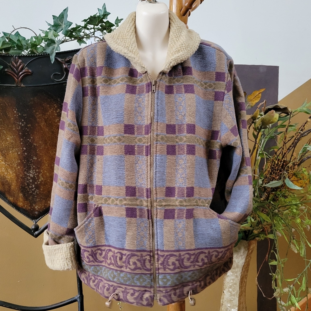 Plaid Jacket Wool Collar Cuffs Plum Toggle Hem IVY Zip Coat S